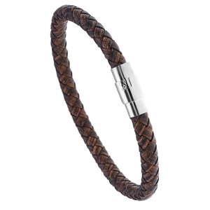 Men's retro braided dark brown leather bracelet with silver polished metal magnetic clasp