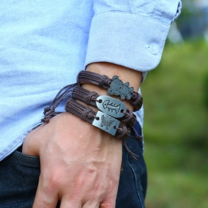 Multilayer leather bracelet set with retro silver bear, fishbone, and butterfly charms
