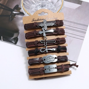 6-piece vintage braided leather bracelet set with cross charms on a display card