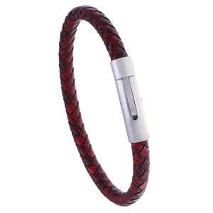 Bracciale in pelle intrecciata con cordino rosso e nero e chiusura in acciaio inox