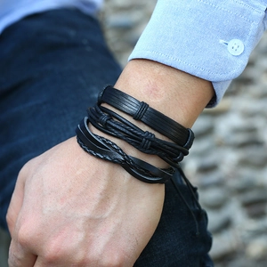 Ethnic style black multilayer braided leather bracelet set for men and women