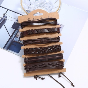 Retro brown braided leather bracelet 6-piece set with adjustable drawstrings for men and women