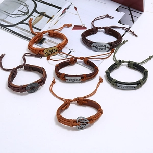 Vintage braided leather bracelet 6-piece set with adjustable metal charms and patterns