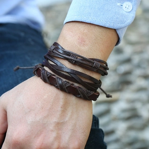 Retro multi-layer woven leather bracelet set for men with adjustable cords in brown