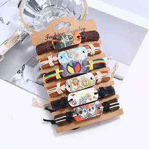 Set of 6 vintage woven leather bracelets with punk charms and colorful ethnic cords