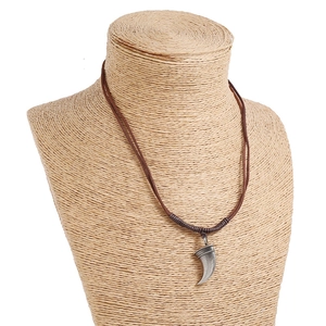 Retro wolf tooth pendant necklace with dark brown braided leather cord for men