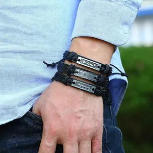 Set de bracelets vintage en cuir noir pour homme avec plaque WWJD et breloque croix