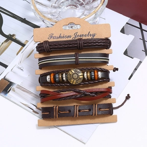 Five-piece set of retro punk woven leather bracelets with wooden beads and alloy charms