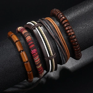 Bohemian multilayer woven bracelet set with dark wood beads and leather bands