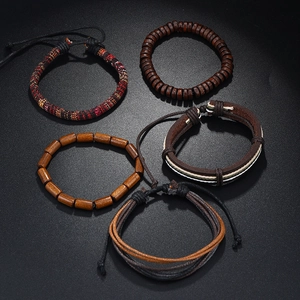 Five-piece set of Bohemian braided leather bracelets with wood beads in vintage style