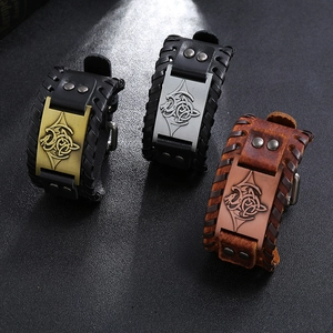 Bracelets de force en cuir tressé vintage avec plaques en métal gravées nœud de loup