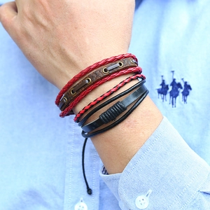 Ensemble de 5 bracelets pour hommes en cuir tressé rétro avec rivets et cordon réglable
