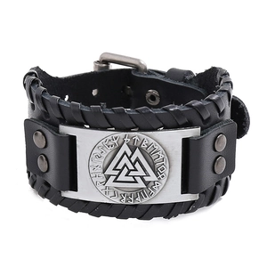 Bracelet vintage Viking Valknut en cuir avec plaque en métal argenté et runes nordiques