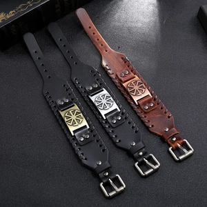 Retro wide braided leather bracelets with Slavic sun wheel metal charms in black and brown
