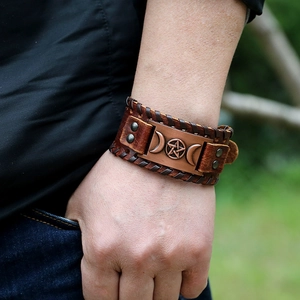 Bracelet punk en cuir tressé avec totem viking et plaque en bronze pour homme rétro