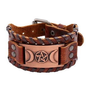 Vintage punk wide braided leather bracelet with Nordic Viking star totem and metal buckle