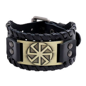 Vintage Braided Cowhide Leather Bracelet For Men Punk Slavic Kolovrat Sun Wheel Adjustable Viking Wide Wristband Jewelry