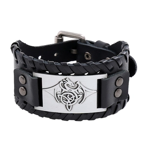 Bracelet Homme Rétro en Cuir de Vachette Tressé Large Manchette Punk Viking Dragon Relief Plaque Métal Boucle Réglable Bijoux