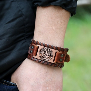 Pulsera vintage de cuero trenzado con amuleto Árbol de la Vida en bronce para hombre punk