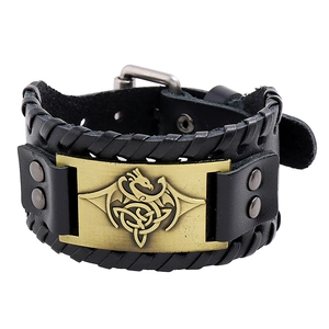 Bracelet vintage en cuir noir tressé avec plaque de dragon embossée et nœud celtique