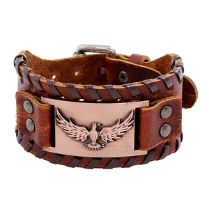 Bracciale vintage in pelle marrone intrecciata con rilievo di aquila in bronzo da uomo