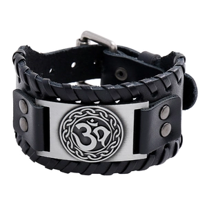 Bracelet en Cuir pour Hommes Rétro Tressé Manchette en Cuir de Vachette Symbole Om Nœud Celtique Punk Viking Bijoux Réglables