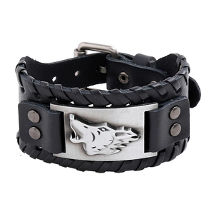Bracelet vintage pour hommes en cuir tressé noir avec plaque de tête de loup argent