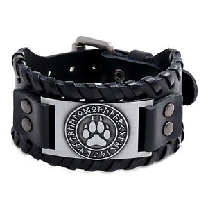 Bracelet Viking en cuir avec patte de loup et runes nordiques sur plaque en métal