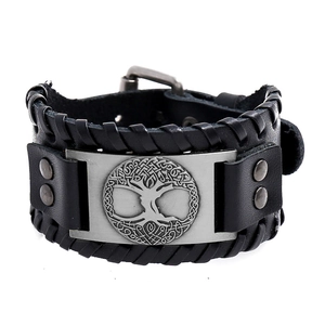 Bracelet large en cuir noir Arbre de Vie Viking avec détails tressés style rétro punk