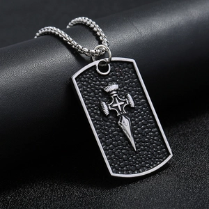 Punk style stainless steel dog tag necklace with cross sword pendant on pearl chain