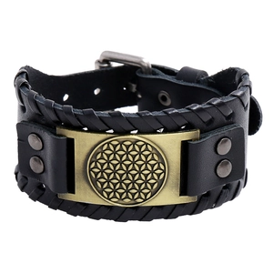 Bracelet punk en cuir noir pour homme avec plaque métallique fleur de vie en bronze