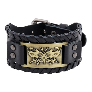 Bracelet punk en cuir vintage avec bords tressés et motif tribal en bronze