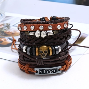 Five-piece punk leather bracelet set with vintage skull and silence metal charms