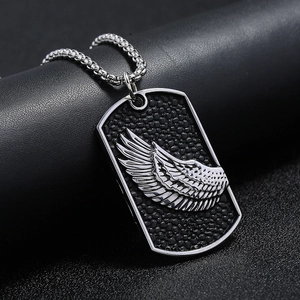Men's titanium steel military tag necklace featuring a silver relief wing on black texture