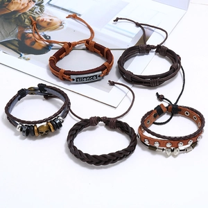 Retro 5-piece punk woven leather bracelet set with silence tag and skull charms