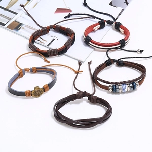 Set de bracelets multicouches en cuir tressé rétro avec tournesol et perles pour hommes