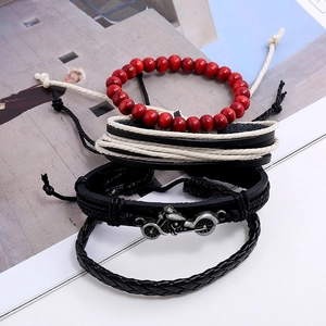 Retro 4-piece multilayer leather bracelet set for men featuring a silver motorcycle charm
