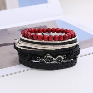 Vintage 4-piece multilayer leather bracelet set for men with silver motorcycle charm