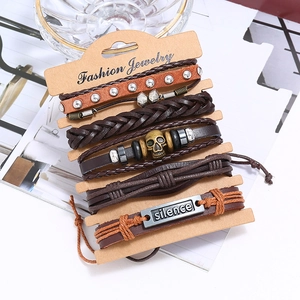 Punk style multi-layer braided leather bracelet set with skull and silence metal plate