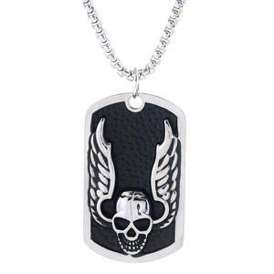 Men's punk style stainless steel necklace with a gothic skull and wings pendant
