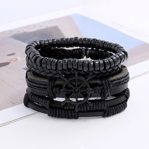 Men's multilayer black leather bracelet set with vintage nautical ship wheel charm