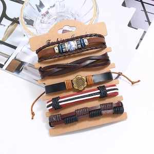 Lot de 5 bracelets vintage en cuir tressé pour hommes avec breloques style bohème