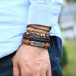 Men's retro 4-piece set of woven brown leather bracelets with vintage silence metal plate