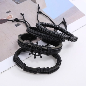 Black multilayer men's leather bracelet set with vintage ship rudder and wooden beads