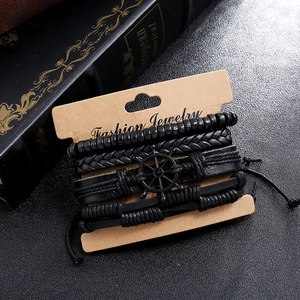 Men's vintage multilayer braided leather bracelet set with black rudder anchor pendant