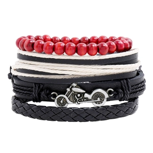 Retro Braided Cowhide Leather Alloy Motorcycle Charm Wood Bead Bracelets For Men Punk Style Adjustable Jewelry