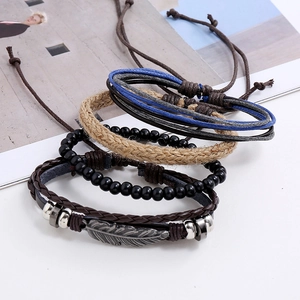 Vintage multi-layer braided leather bracelet set with retro metal leaf charm for men