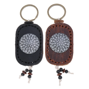Vintage Genuine Leather Keychain For Men Mandala Flower Metal Inlay Handmade Stitching Key Ring With Wood Beads Tassel