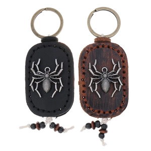 Vintage Cowhide Leather Spider Keychain For Men Women Retro Punk Alloy Charm With Wood Beads Key Ring Pendant Accessory