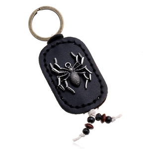 Handmade retro leather keychain with vintage alloy spider pendant and wooden beads